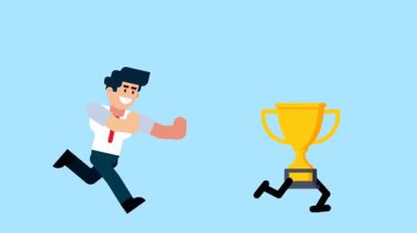 Bir iş adamı, başarı, başarı, hırs ve iş hedeflerini sembolize ederek mavi bir arkaplanda yürüyen bir kupanın peşinden koşar..