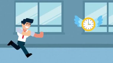 Bir işadamı, bir iş yerinde ya da ofis ortamında zaman, teslim tarihi ya da zaman yönetimini simgeleyen kanatlı bir saatin peşinden koşar..