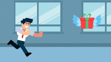 Bir işadamı, iş ortamında veya ofis ortamında ödül, fırsat veya teşvikleri sembolize ederek, kanatlı bir hediye kutusunun peşinden koşar..