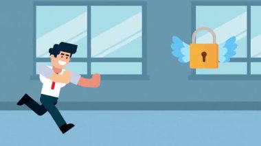 Kanatlı bir kilidin peşinden koşan bir iş adamının animasyon videosu güvenlik, gizlilik ve iş hayatındaki engelleri aşmayı sembolize ediyor..