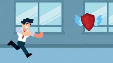 Kanatlarla uçan bir kalkanın peşinden koşan bir iş adamının karikatür çizimi, iş dünyasındaki koruma, güvenlik ve güvenliği temsil ediyor..