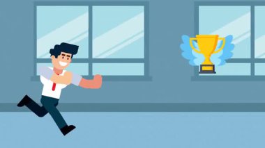 Bir iş adamının kanatlı uçan bir kupanın peşinden koşmasının çizgi film çizimi zafer, tanınma, başarı ya da iş hayatında ya da profesyonel hayatta başarı arayışını simgeliyor..