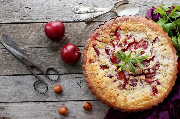 Homemade cake with plums and cream filling — Stock Photo, Image