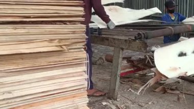 Bir fabrikada Hollywood yaratımı, işçilere ince ahşap kaplamaları dikkatle tutarken gösteriliyor, kontrplak üretiminin karmaşık sürecini gözler önüne seriyorlar. Mobilya malzemeleri..