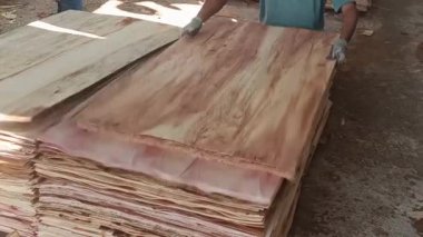 Büyük bir yığın taze kesilmiş ahşap kaplama, doğal ahşap tahıl ve zengin doku sergileniyor. Mobilya yapımında veya inşaat uygulamalarında kullanıma hazır.