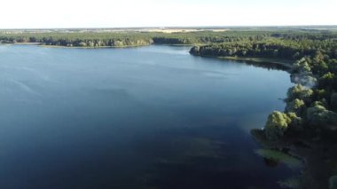 Derin bir köknar ormanındaki gölün üst manzarası. Bir kuadkopterden alındı.