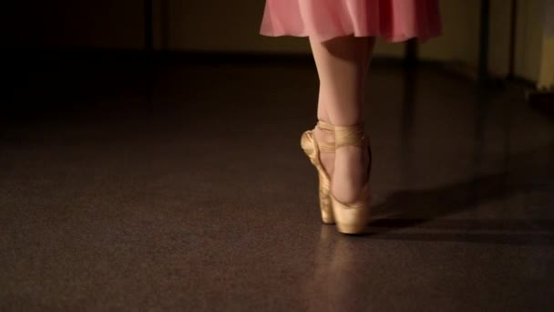 芭蕾舞演员在黑暗的舞台上或演播室里表演时的特写 穿尖头鞋的女人的腿芭蕾舞演员表演经典的芭蕾舞舞步 慢动作 — 图库视频影像