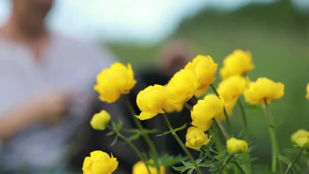 Volkskunst Handgemacht Junge Frau Flechtet Gras Sitzend Rasselkörbe Gelbe Blumen — Stockvideo