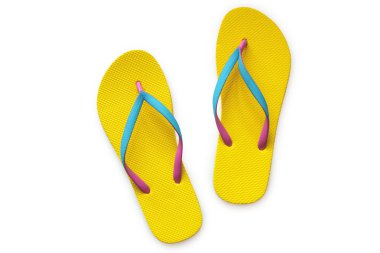Beyaz arka plan üzerinde izole sarı flip flop. Üstten Görünüm