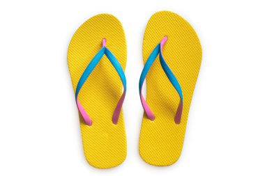 Beyaz arka plan üzerinde izole sarı flip flop. Üstten Görünüm