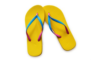 Beyaz arka plan üzerinde izole sarı flip flop. Üstten Görünüm