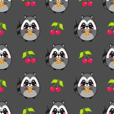 Kawaii vektör dikişsiz desen. Renkli arka plan üzerinde çerez ve kiraz ile Sevimli Amerikan rakun. Düz çizgi film tarzı. Şenlikli, çocuksu tasarım için eleman