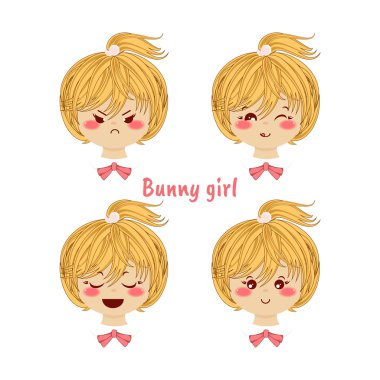 Kawaii vector icon set. Blonde baby girl with different funny, cute emotions, smiles. Happy, angry, grumpy, sly, sweet face, ponytails. Isolated on white background