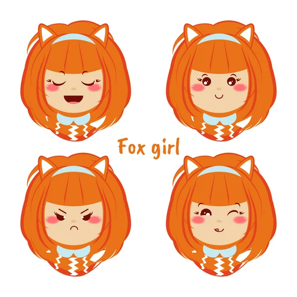 Kawaii vector icon set. Redheaded girl with different funny, cut — Stock Vector
