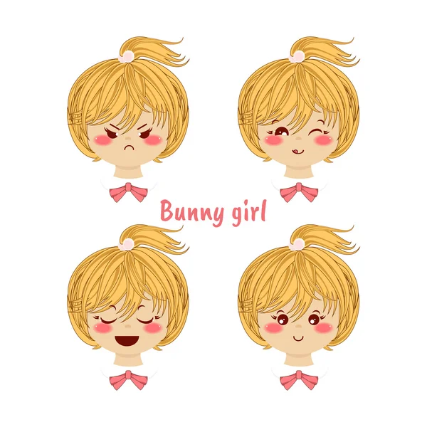 Conjunto de iconos vectoriales Kawaii. Niña rubia con diferentes emociones divertidas, lindas, sonrisas. Feliz, enojado, gruñón, astuto, dulce cara, colas de caballo. Aislado sobre fondo blanco — Archivo Imágenes Vectoriales