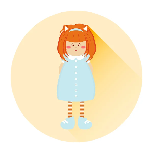 Flat cartoon illustration for icon, logo design. Kawaii little girl on dress with collar, red hair, funny face. Isolated object with long shadow. Children haircut, headband. Orange, blue, white color — Wektor stockowy