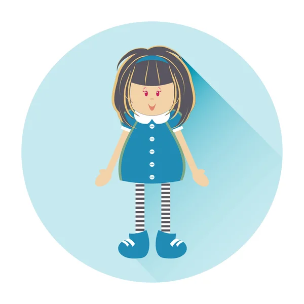 Flat cartoon illustration for icon, logo design. Kawaii little girl on dress with collar, black hair, funny face. Isolated object with long shadow. Children haircut. Blue, gray, white color — Stock Illustration Flat cartoon illustration for icon, logo design. Kawaii little girl on dress with collar, black hair, funny face. Isolated object with long shadow. Children haircut. Blue, gray, white color Stock Illustration