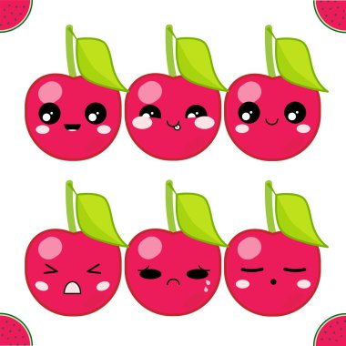  Vektör simgeleri ayarlanır. Yaprakları ile Kawaii kiraz. Komik, sevimli, tatlı duygular, gülümsüyor. Beyaz arka planda. Düz çizgi film tarzı 