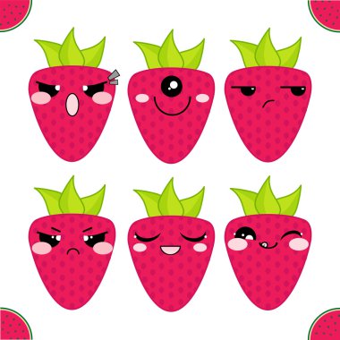 Vektör simgeleri ayarlanır. Yaprakları ile Kawaii çilek. Komik, sevimli, tatlı duygular, gülümsüyor. Beyaz arka planda. Düz çizgi film tarzı 