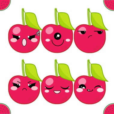  Vektör simgeleri ayarlanır. Yaprakları ile Kawaii kiraz. Komik, sevimli, tatlı duygular, gülümsüyor. Beyaz arka planda. Düz çizgi film tarzı 