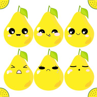 Vektör simgeleri ayarlanır. Yaprakları ve ağızları ile Kawaii armut. Komik, sevimli, tatlı duygular, gülümsüyor. Beyaz arka planda. Düz çizgi film tarzı