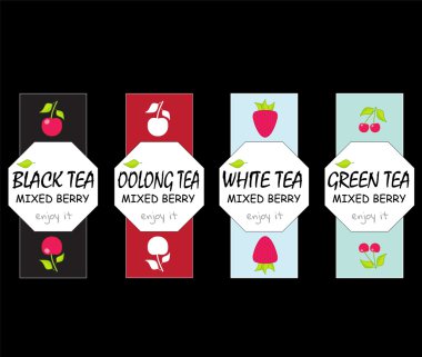 Çay paketleri için vektör tasarım elemanları kümesi. Etiket, etiket, çıkartmalar, siyah, beyaz, oolong, yeşil çay karışık berry için logo. Çilek, dal ve yapraklogo elemanları. Düz stil