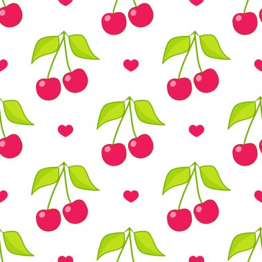 Dikişsiz vektör deseni. Dal ve düz tarzda yaprakları ile Sevimli soyut kiraz. Tasarım için karikatür öğesi. Duvar kağıdı, arka plan, doku, tekstil. Basit kawaii minimalist desen. Kırmızı, yeşil renkler