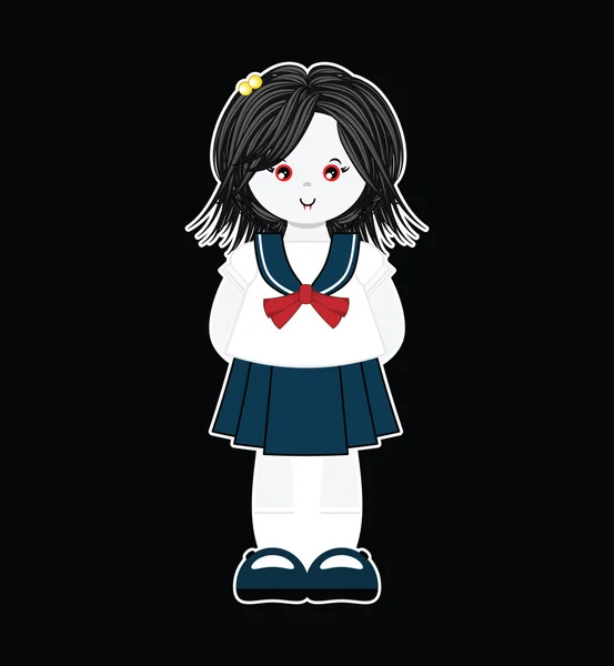 Illustration of kawaii vamire monster girl with navy blue school uniform, white skirt, socks, bows ribbon. Cartoon flat style, elements for festive, childish design. Isolated vector object — Stock Vector