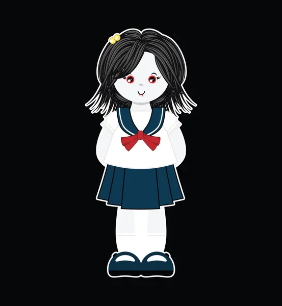 Illustrazione di kawaii ragazza mostro vamire con uniforme blu navy scuola, gonna bianca, calzini, fiocchi nastro. Stile piatto del fumetto, elementi per il design festivo e infantile. Oggetto vettoriale isolato — Vettoriale Stock