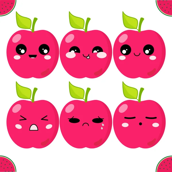 Vektorsymbole gesetzt. Kawaii-Äpfel mit Blättern und Schnauzen. lustig, niedlich, süße Emotionen, lächelt. auf weißem Hintergrund. flacher Cartoon-Stil — Stockvektor