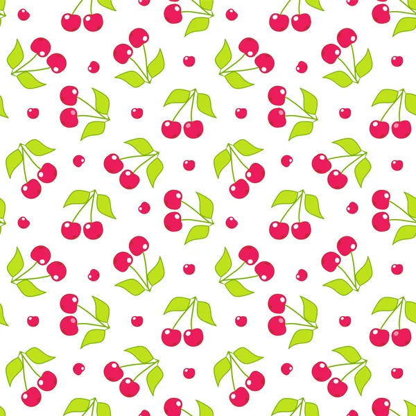 Seamless vector pattern. Cute abstract cherry with branch and leaves in flat style. Cartoon element for design. Wallpaper, background, texture, textile. Simple kawaii minimalistic pattern. Red, green colors — Stock Vector