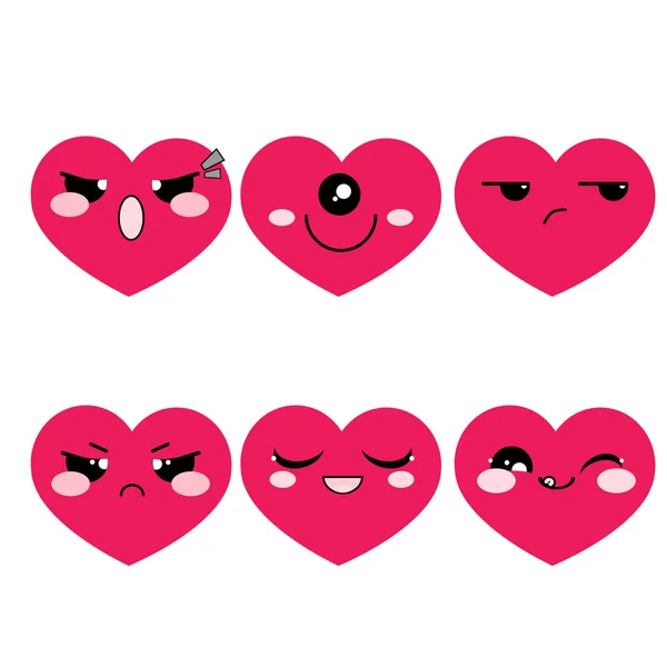 Vector Icon set. Simple hearts with muzzles. Funny, cute, kawaii, sweet emotions, smiles. Isolated on white background. Flat cartoon style.