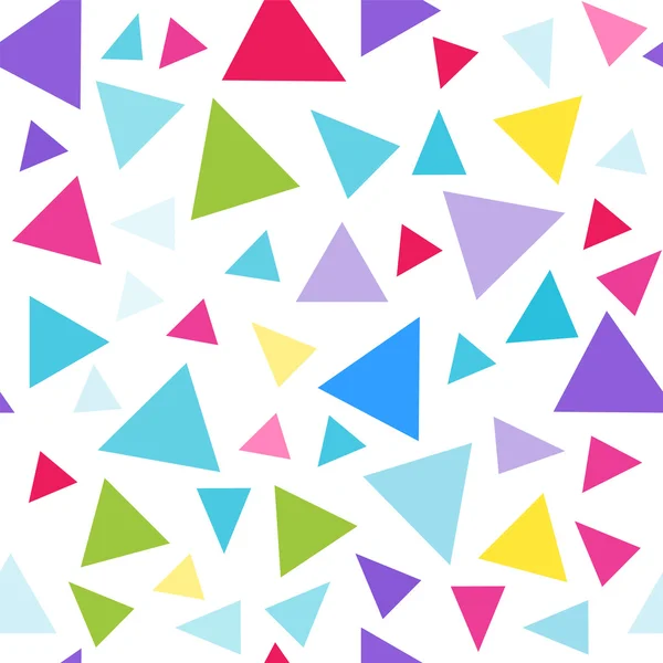Nahtlose Vektormuster. einfache abstrakte Gestaltung. kleine niedliche geometrische Dreiecke in leuchtenden festlichen Kinderfarben. blau, rosa, gelb, lila, grün — Stockvektor