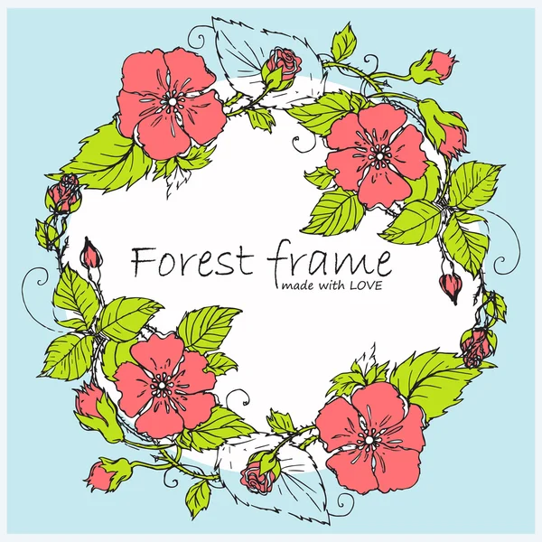 Gekleurde handgetekende vector vintage oval frame. Forest of tuinkruiden, bloemen, bladeren, takken, bloeit, dwarrelt. Element voor zoete bruiloft, verjaardag of feestelijke ontwerp. Zwarte, witte, roze, blauw, groen kleuren — Stockvector