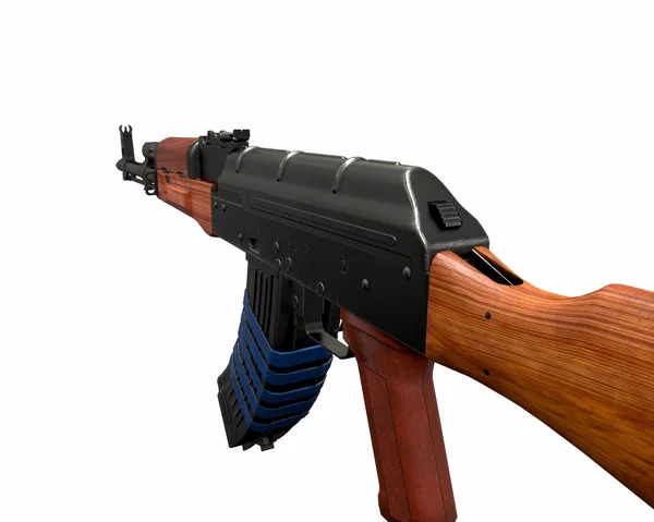 Akm Sturmgewehr 3D-Illustration auf weißem Hintergrund. Blaues Band und zwei Zeitschriften. Kugeln Kupfer. Nahaufnahme von Teilen des Gewehrs. Holz und Metall — Stockfoto