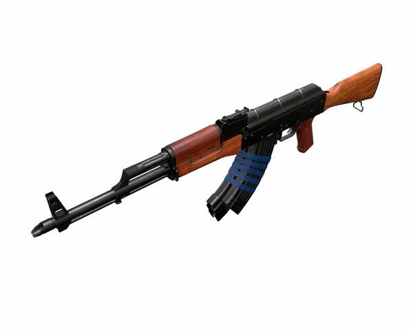 Akm Sturmgewehr 3D-Illustration auf weißem Hintergrund. Blaues Band und zwei Zeitschriften. Kugeln Kupfer. Nahaufnahme von Teilen des Gewehrs. Holz und Metall — Stockfoto