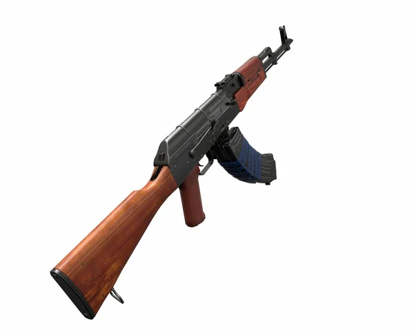 Akm Sturmgewehr 3D-Illustration auf weißem Hintergrund. Blaues Band und zwei Zeitschriften. Kugeln Kupfer. Nahaufnahme von Teilen des Gewehrs. Holz und Metall — Stockfoto