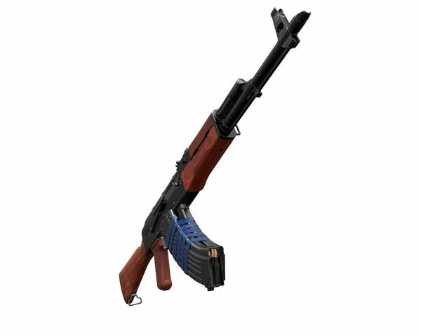 Штурмова гвинтівка Akm 3D ілюстрація на білому тлі. Синя стрічка і два магазини. Кулі мідні. крупним планом частини гвинтівки. дерево і метал — стокове фото