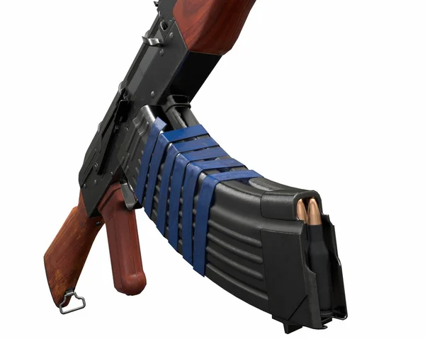 AKM assault rifle 3d illustration på vit bakgrund. Blå band och två tidningar. Kulor koppar. närbild av delar av gevär. trä och metall — Stockfoto