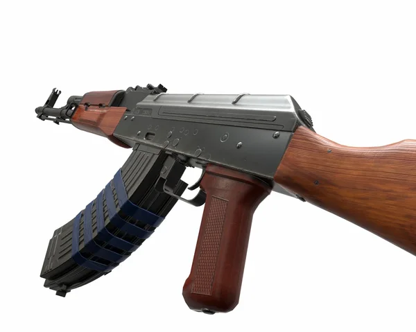 Akm Sturmgewehr 3D-Illustration auf weißem Hintergrund. Blaues Band und zwei Zeitschriften. Kugeln Kupfer. Nahaufnahme von Teilen des Gewehrs. Holz und Metall — Stockfoto