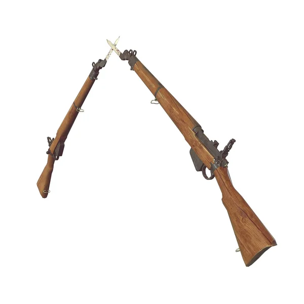 Staré pušky 3d ilustrace. kříž zbraně. ikony zbraní. popraskané dřevo barel. bajonetový nůž s krví. bílé pozadí — Stock fotografie