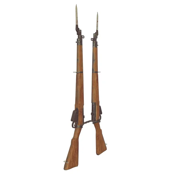 Rifles velhos ilustração 3D. Cruzar armas. Armas Ícones. Barril de madeira partido. faca baioneta com sangue. fundo branco — Fotografia de Stock