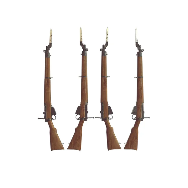 Rifles antiguos ilustración 3D. armas cruzadas. pistolas de icono. barril de madera agrietada. cuchillo de bayoneta con sangre. fondo blanco —  Fotos de Stock