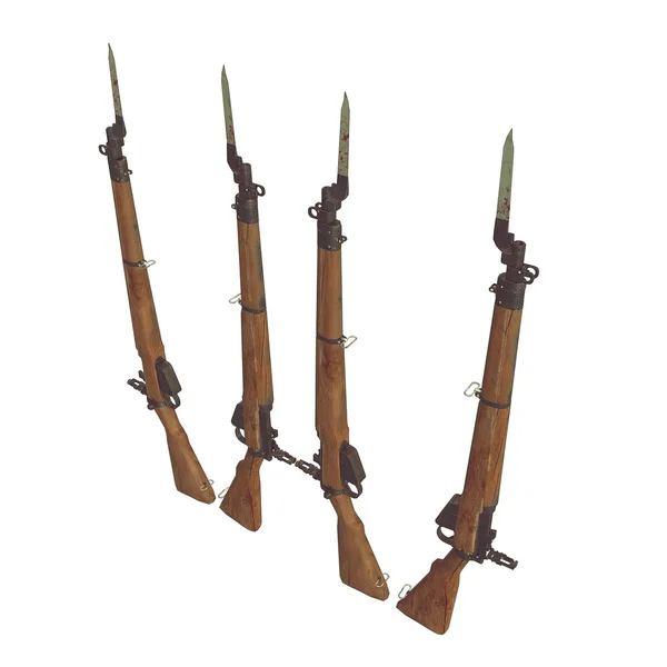 Rifles velhos ilustração 3D. Cruzar armas. Armas Ícones. Barril de madeira partido. faca baioneta com sangue. fundo branco — Fotografia de Stock