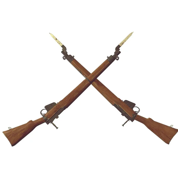 Rifles antiguos ilustración 3D. armas cruzadas. pistolas de icono. barril de madera agrietada. cuchillo de bayoneta con sangre. fondo blanco — Foto de Stock