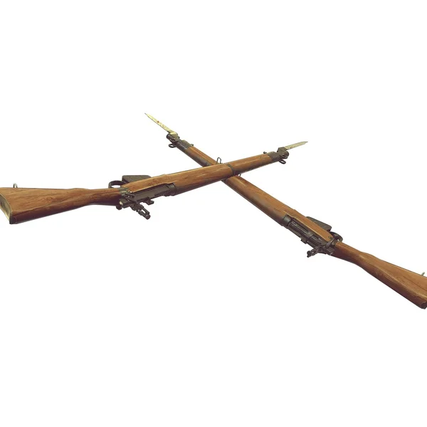 Rifles antiguos ilustración 3D. armas cruzadas. pistolas de icono. barril de madera agrietada. cuchillo de bayoneta con sangre. fondo blanco — Foto de Stock