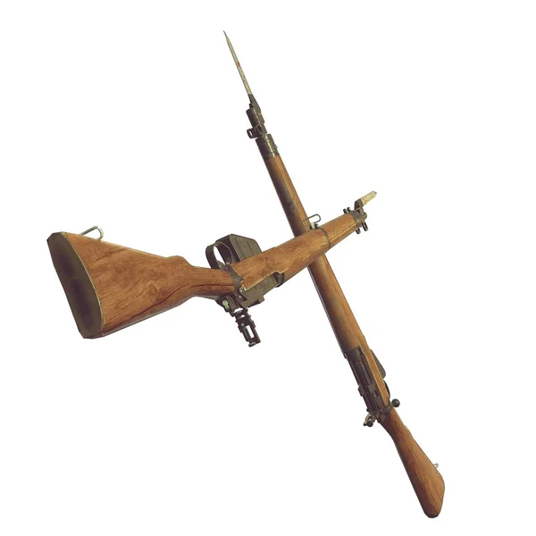 Старі гвинтівки 3D ілюстрація. хрестоподібна зброя. значок зброї. тріснула дерев'яна бочка. багнетовий ніж з кров'ю. білий фон — стокове фото
