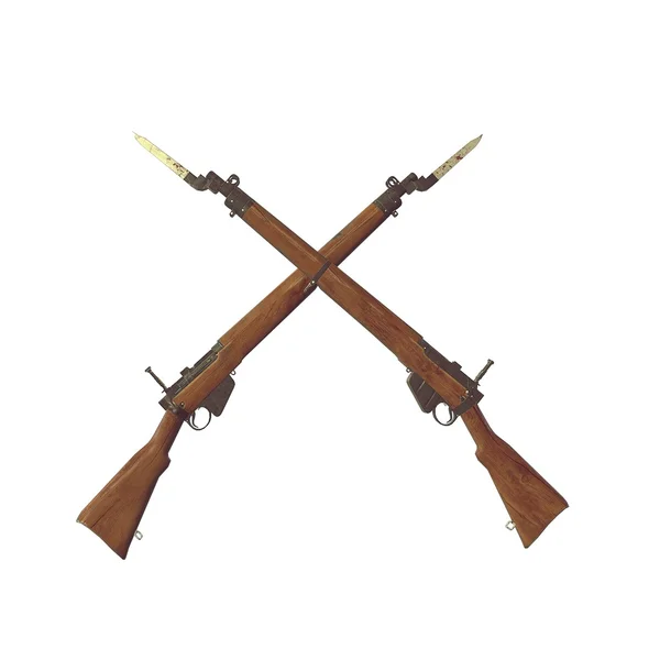 Rifles antiguos ilustración 3D. armas cruzadas. pistolas de icono. barril de madera agrietada. cuchillo de bayoneta con sangre. fondo blanco — Foto de Stock