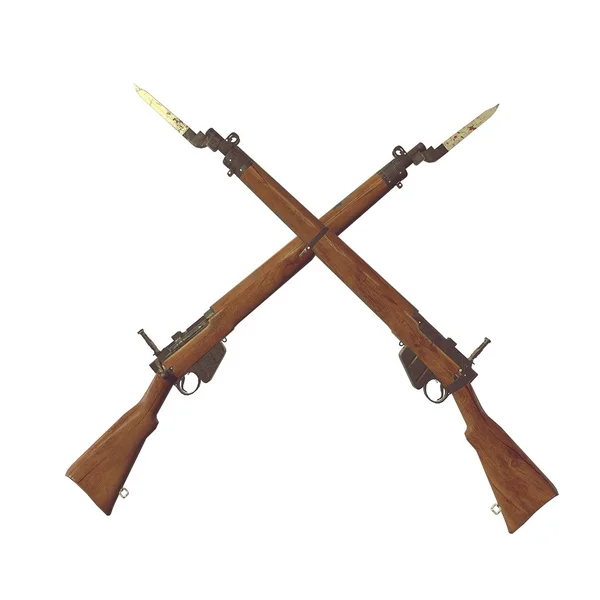 Rifles antiguos ilustración 3D. armas cruzadas. pistolas de icono. barril de madera agrietada. cuchillo de bayoneta con sangre. fondo blanco — Foto de Stock