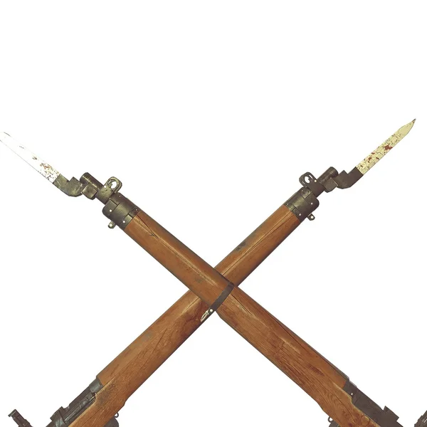 Rifles antiguos ilustración 3D. armas cruzadas. pistolas de icono. barril de madera agrietada. cuchillo de bayoneta con sangre. fondo blanco —  Fotos de Stock